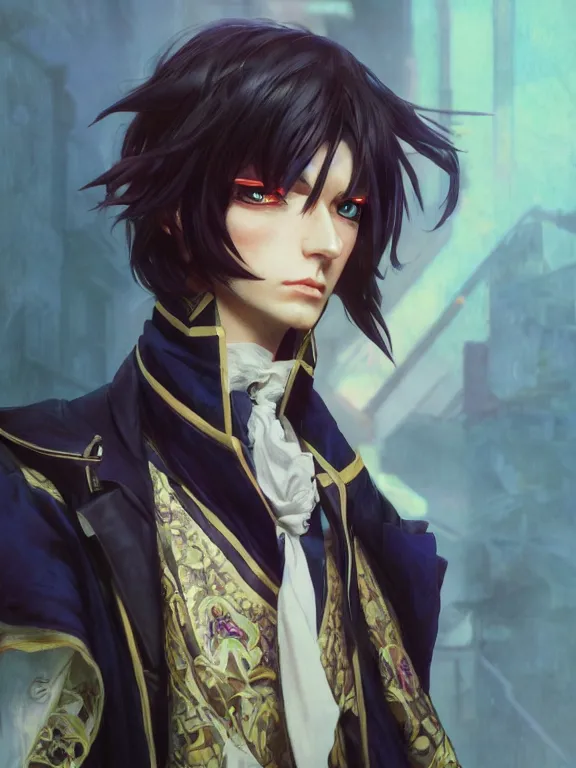 Image similar to manly eccentric lelouch lamperouge, hyper detailed, digital art, trending in artstation, cinematic lighting, studio quality, smooth render, unreal engine 5 rendered, octane rendered, concept art, smooth, sharp focus, illustration, art by artgerm and greg rutkowski and alphonse mucha and ian sprigger and wlop