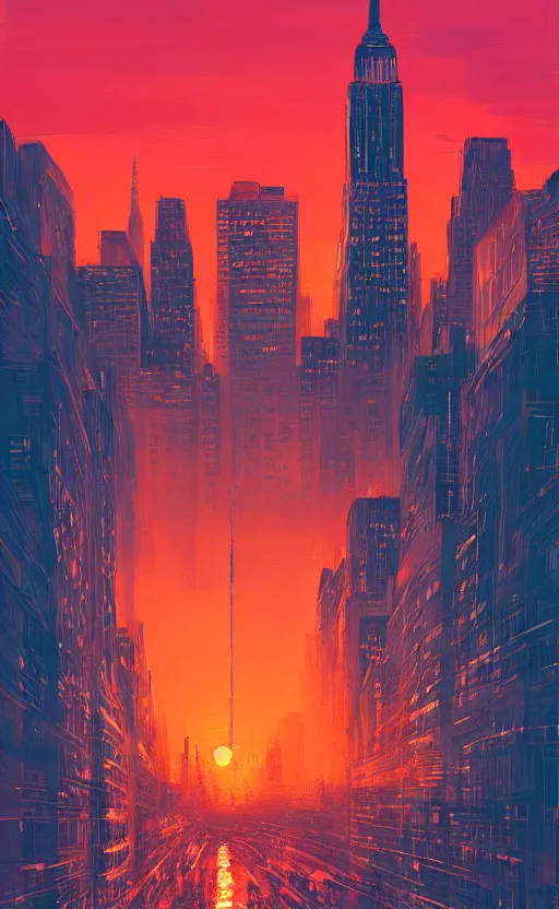 Image similar to a beautiful illustration new york at sunset, art of alena aenami, featured on artstation, vertical orientation, paint brush strokes, expressionism, brushstroke - laden, crimson hue