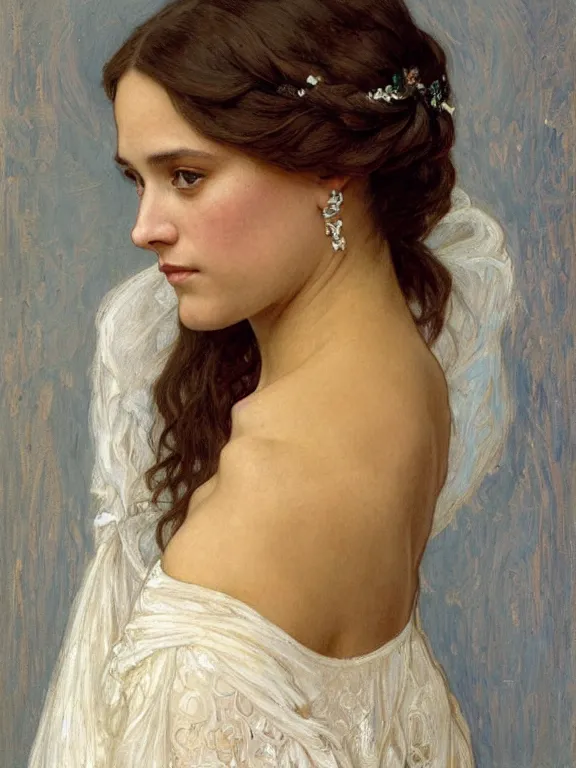 Prompt: an art nouveau style head and shoulders portrait oil painting of a pretty young alicia jessica vikander alba wearing a white victorian bridal gown, intricate, detailed, smooth, complex, elaborate, by alphonse mucha and james gurney and john william waterhouse and bouguereau