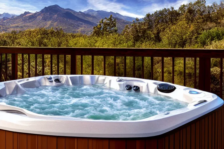 Image similar to An inviting hot tub with mountain views, digital art