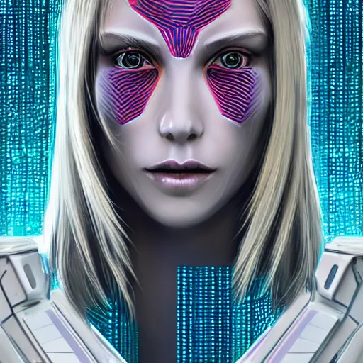 Image similar to pretty blond cyberpunk seraphim in a machine city, perfect symmetrical face, cute face, 8 k, shallow depth of field, 8 k, ultra high detail, concept art, w 1 0 2 4