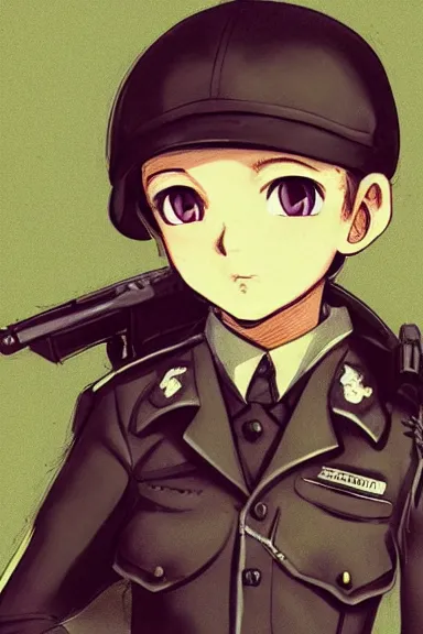 Image similar to beautiful little boy in nazi male uniform posing with an gun. made in abyss art style, sharps focus, cute detailed artwork, anatomically correct, ilya kuvshinov, reflection, perfect composition, wallpaper mobile, digital art, detailed anime soft face, symmetrical face, western comic, illustration, realistic, smooth, lois van baarle, soft details, illumination