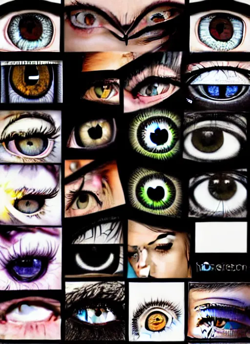 Image similar to grid montage of cube shaped eyes, square shaped black dilated pupils, cube shaped irises, detailed colored textures, eyelashes, advanced art, art styles mix, from wikipedia, wet reflections in square eyes, sunshine light, hd macro photograph, from side, various eyelid positions, square black pupil centered