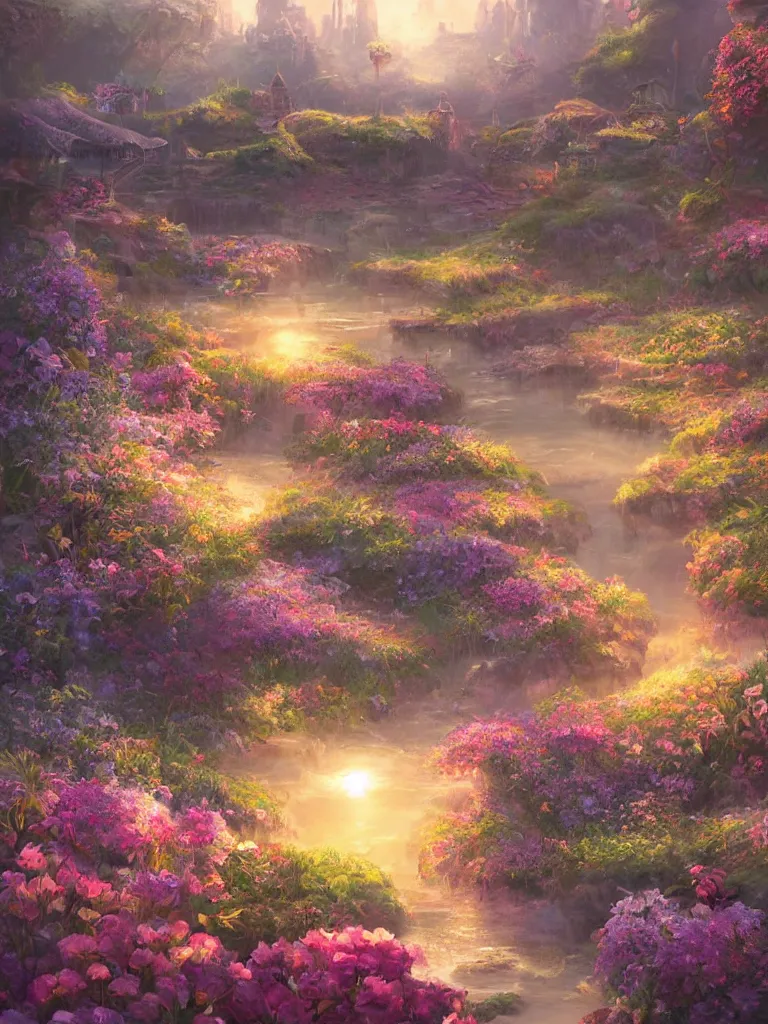 Image similar to a dream flower garden near a seaside harbor environment where one draws mystical energy into their lives, background art, pristine concept art, small, medium and large design elements, golden hour, in the style of WLOP and Ross Tran