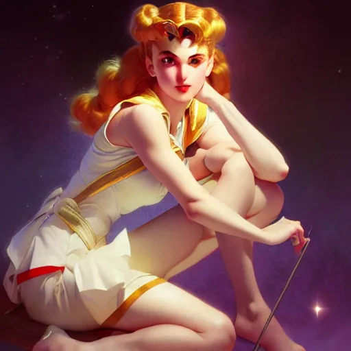 Image similar to of Sailor Moon, dark fantasy, medium shot, intricate, elegant, highly detailed, digital painting, volumetric light, artstation, concept art, smooth, sharp focus, illustration, art by Gil Elvgren and Greg Rutkowski and Alphonse Mucha