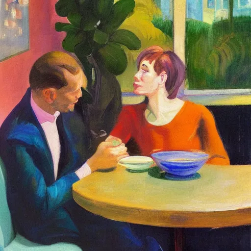 Prompt: an excited couple redefining love in a caffe surrounded by plants, expressionist painting by Francis Bacon and Edward Hopper, artstation