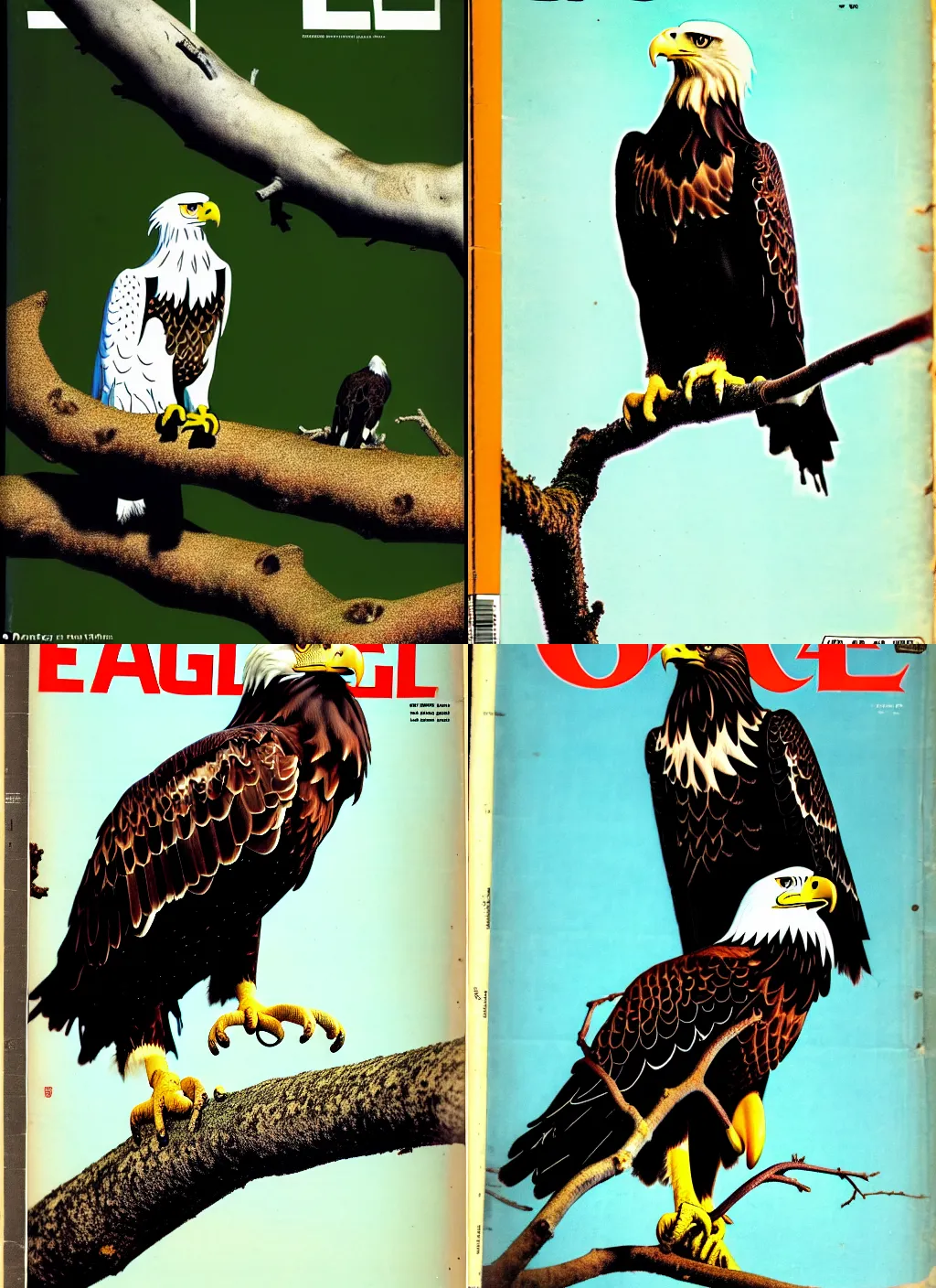 Prompt: old magazine cover without text, eagle on branch viewed by an ant, google images search result