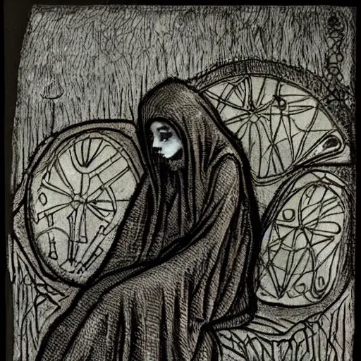 Prompt: A beautiful mixed mediart. Her cell is as bare as mine. She is sitting in the middle, hugging her knees, wrapped in a toga-like garment. scratch art by Shaun Tan, by Virginia Frances Sterrett, by Jean-Louis Forain elaborate