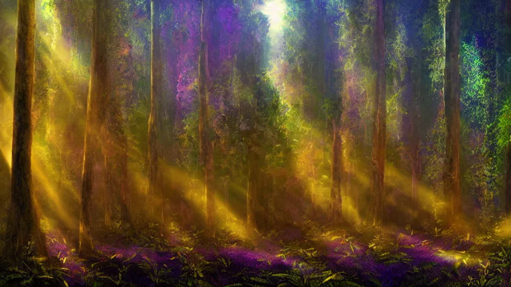 Prompt: portrait of an ethereal evergreen forest made of green and purple light with log cabin made of golden light, divine, cyberspace, mysterious, dark high-contrast concept art