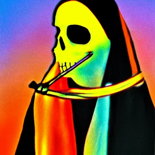 Image similar to the grim reaper wearing joseph's fantastic technicolor dreamcoat