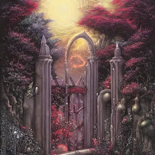 Image similar to gate portal with another world visible inside style studio ghibli and Gerald Brom, faeries flyng, dreamy, mystical, dark