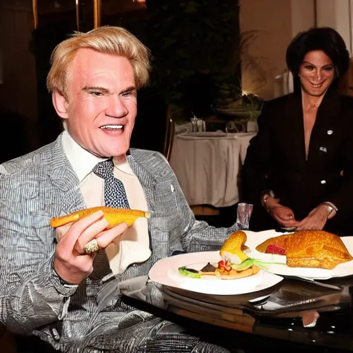 Image similar to Freddie Starr eating a loafer at a table in Claridges fine dining restaurant. Gordon Ramsey watches with a look of childish glee