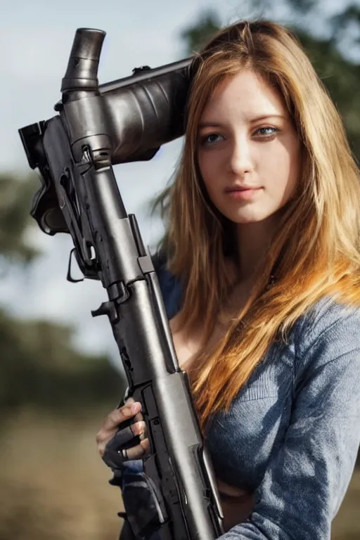 Prompt: a beautiful woman carrying a giant oversized gun, real photo