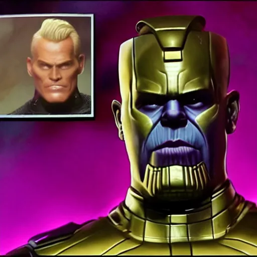 Prompt: Thanos as Max Headroom on a CRT television, purple skin, short blonde hair, symmetrical face, dramatic lighting, sharp focus, smooth