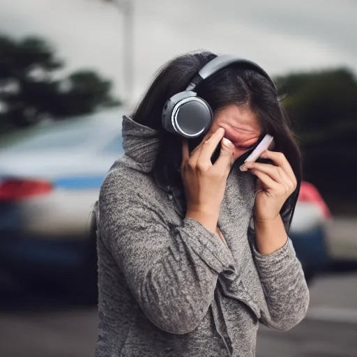 Prompt: a woman crying while listening to music, ( sony a 7 r iv, symmetric balance, polarizing filter, photolab, lightroom, 4 k, dolby vision, photography award, picturesque ) police car lights