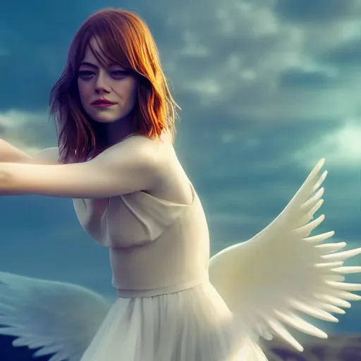 Prompt: full body potrait of emma stone as an angel dancing, hyper realistic, prismatic highlights, atmosphere, gorgeous, depth of field, cinematic, macro, concept art, 5 0 mm, artstation, wlop, elegant, epic, weta digital, focus, octane render, v - ray, 8 k, kodak portra, art by liberatore