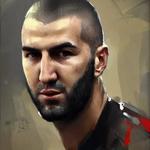 Image similar to A realistic hyperdetailed wide-shot digital oil portrait painting of an benzema in the style of Guy Denning, Ruan Jia, and Craig Mullins. Trending on ArtStation, DeviantArt, and Instagram. CGSociety Digital art. benzema.