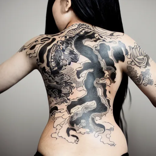 Image similar to photography of the back of a woman with a black detailed irezumi tatto representing a cute caracal on her entire back, dark hangar background, mid-shot, editorial photography