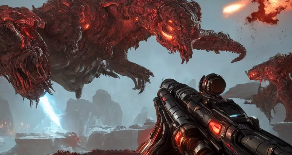 Image similar to gameplay of doom eternal, shooting a demon monster, ambient lighting, concept art, intricate, hyper detailed, smooth, action, volumetric lighting, 3 d render, unreal, octane