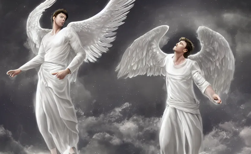 Image similar to a digital concept art of a beautiful male angel wearing white angelic clothes flying among heaven and a detailed face