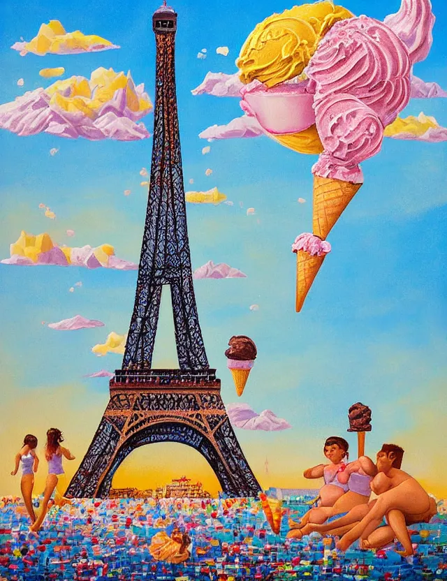 Image similar to a funny painting of the eiffel tower in paris made of scoops of ice cream in different colors on a very sunny bright summer sunset day, very hot and the ice is melting of the paris skyline and people are swimming in the icecream in the style of james jean and fernando botero