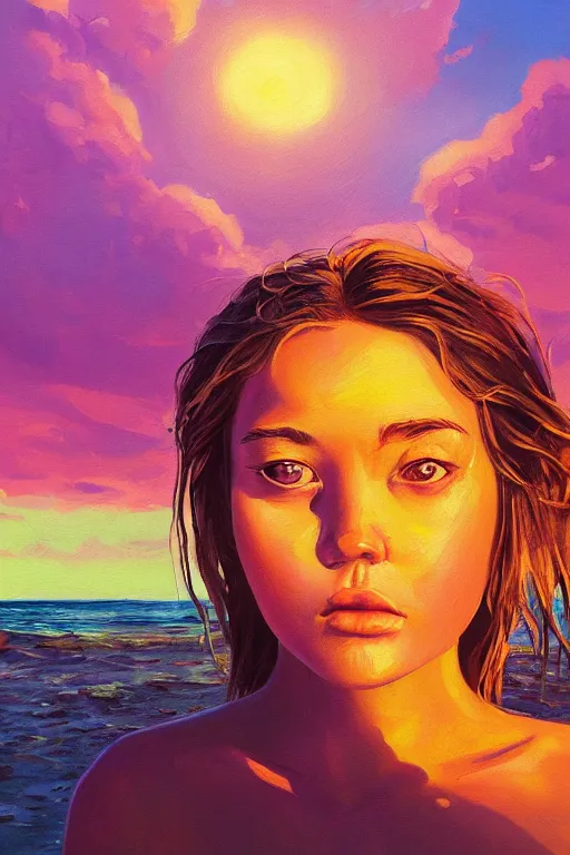 Image similar to closeup, giant frangipani head, girl on beach, surreal photography, golden hour, colorful clouds, impressionist painting, digital painting, artstation, simon stalenhag