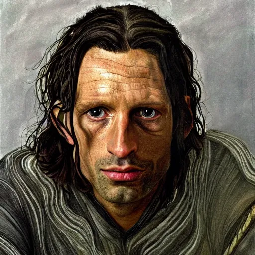 Image similar to high quality high detail painting by lucian freud, hd, aragorn from lord of the rings