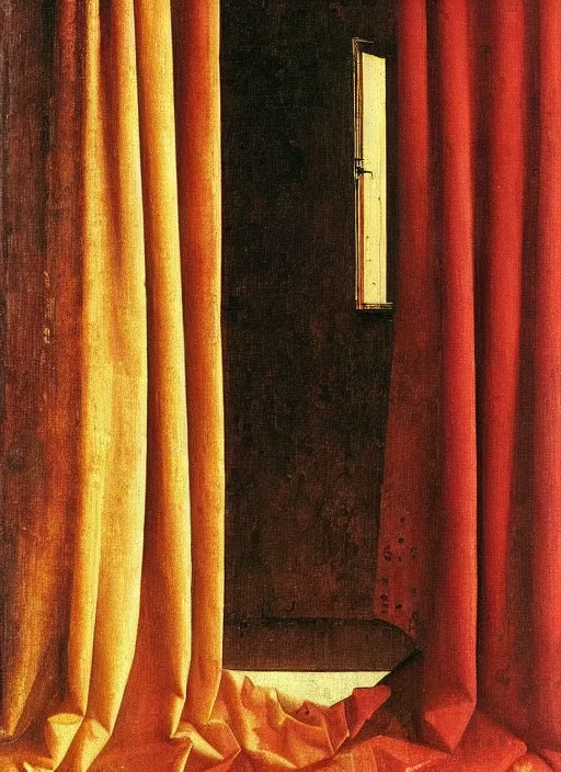 Prompt: red curtain, medieval painting by jan van eyck, johannes vermeer, florence