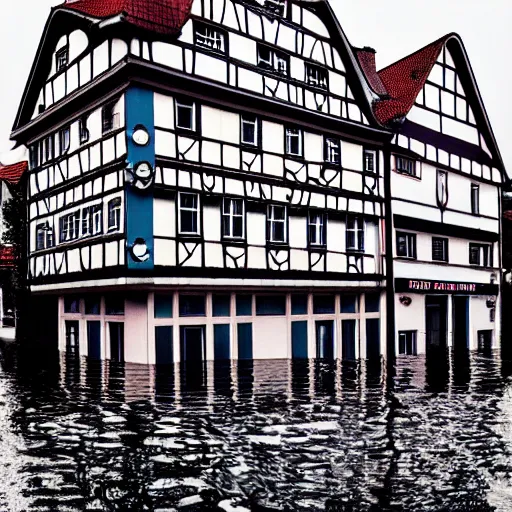 Prompt: vaporwave Album Art of a german town being flooded, retro, grainy, noisy