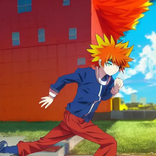 Image similar to orange - haired anime boy, 1 7 - year - old anime boy with wild spiky hair, wearing red jacket, running past colorful building, red - yellow - blue colored building, turquoise aquamarine windows, strong lighting, strong shadows, vivid hues, ultra - realistic, sharp details, subsurface scattering, intricate details, hd anime, 2 0 1 9 anime