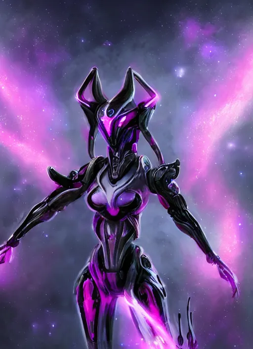 Image similar to cinematic shot, bust, cosmic sized perfectly proportioned stunning beautiful hot female warframe, robot mecha female dragon head, silver armor, fuschia leds, floating in empty space, nebula sized, holding a galaxy, epic proportions, epic size, epic scale, furry art, dragon art, giantess art, warframe fanart, furaffinity, deviantart