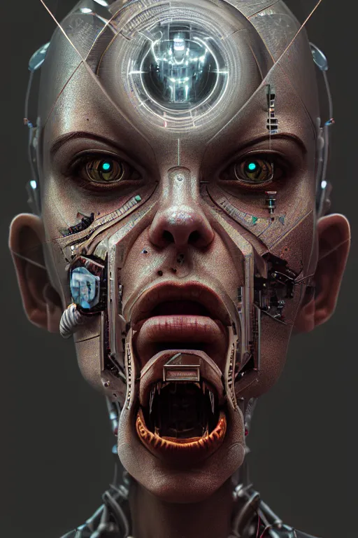 Prompt: cyborg face screaming, by sathish kumar and wlop, matte painting, artstation, detailed, photo realism, realism, intricate, ornate, cyberpunk, future, symmetry, technology, artificial intelligence