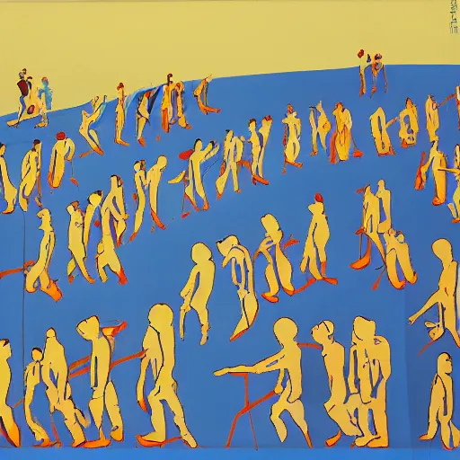 Image similar to screen printing, gouache by toshio saeki, by asger jorn dynamic. a beautiful installation art of a group of people standing in a line. they are all facing the same direction & appear to be waiting for something.