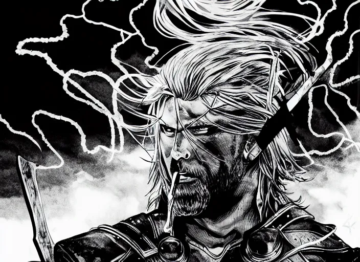 Prompt: thor with blond hair catches lightning and holds an ax in an epic battle with storm clouds with faces monsters by tsutomu nihei, black and white, epic battle background, comic, cinematic