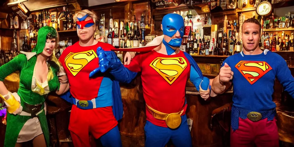 Prompt: !dream a bar fight inside a pub between costumed super heros