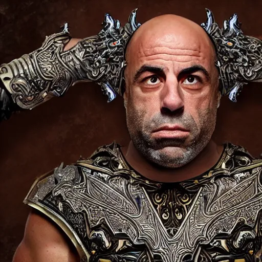 Prompt: joe rogan wearing mage armor, hyper realistic, close up, symmetrical, 4 k, highly ornate intricate details,