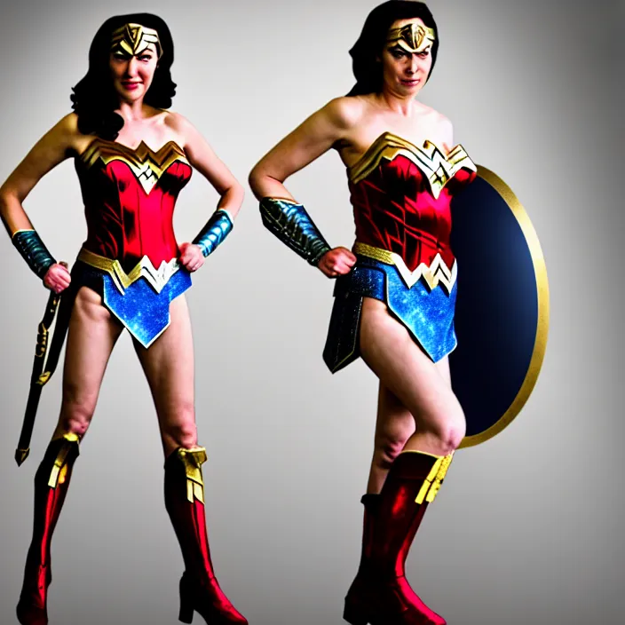 Image similar to professional full length photograph of Audrey Herburn as wonder woman. Extremely detailed. 8k