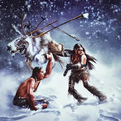 Image similar to majestic native americans fighting cyborg white men in a snowy field, art by neave bozorgi, styled like neave bozorgi, hyper realistic,