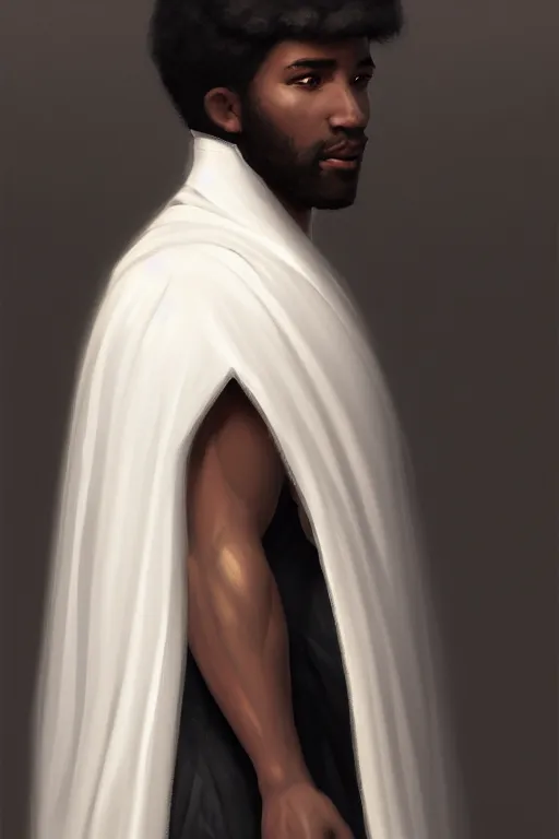 Image similar to a portrait of a black male prince, side profile, white cape, illustration, soft lighting, soft details, dark mood, painting oil on canvas by Edmund Blair Leighton and Charlie Bowater octane render trending on artstation d&d characters, 4k, 8k, HD