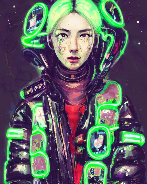 Image similar to detailed portrait Neon Operator Girl, cyberpunk futuristic neon, reflective puffer jacket, black leggings, decorated with traditional Japanese ornaments by Ismail inceoglu dragan bibin hans thoma !dream detailed portrait Neon Operator Girl, cyberpunk futuristic neon, reflective puffy coat, decorated with traditional Japanese ornaments by Ismail inceoglu dragan bibin hans thoma greg rutkowski Alexandros Pyromallis Nekro Rene Maritte Illustrated, Perfect face, fine details, realistic shaded, fine-face, pretty face