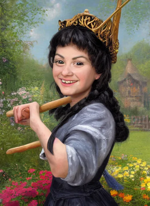 Prompt: close-up portrait of female young magician, smiling, with black pigtails, with round face, with small eyes, with small nose, with arms bare, with a winged helmet, with a wooden staff, in a garden,, painting in the museum, highly detailed, sharp focus, digital painting, artwork by Kinkade, by Victor Adame Minguez by Yuumei by Tom Lovell by Sandro Botticelli