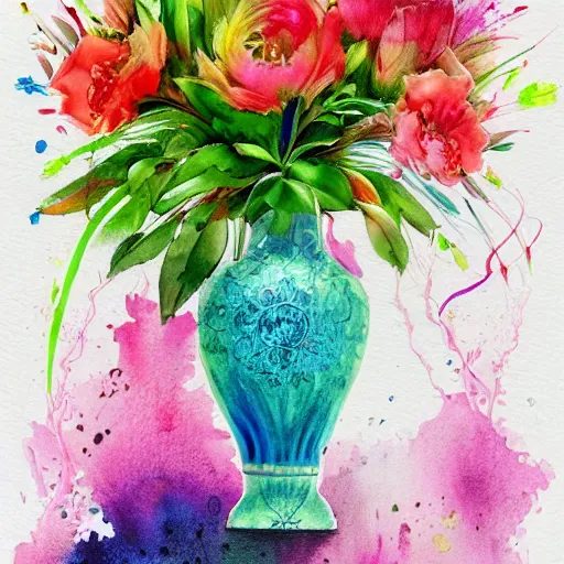 Prompt: a porcelain vase with a colorful and beautiful flower arrangement. very stylize and delicate watercolor and pencil drawing. medium shot. beautiful lighting, 4 k post - processing, trending in art station, cg society, highly detailed, 5 k extremely detailed