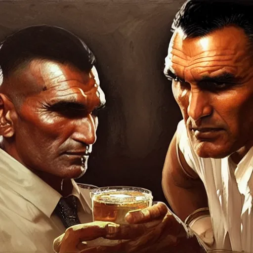 Image similar to an indian man and vinnie jones in a pub, real life skin, intricate, elegant, highly detailed, artstation, concept art, smooth, sharp focus, art by artgerm and greg rutkowski and alphonse mucha