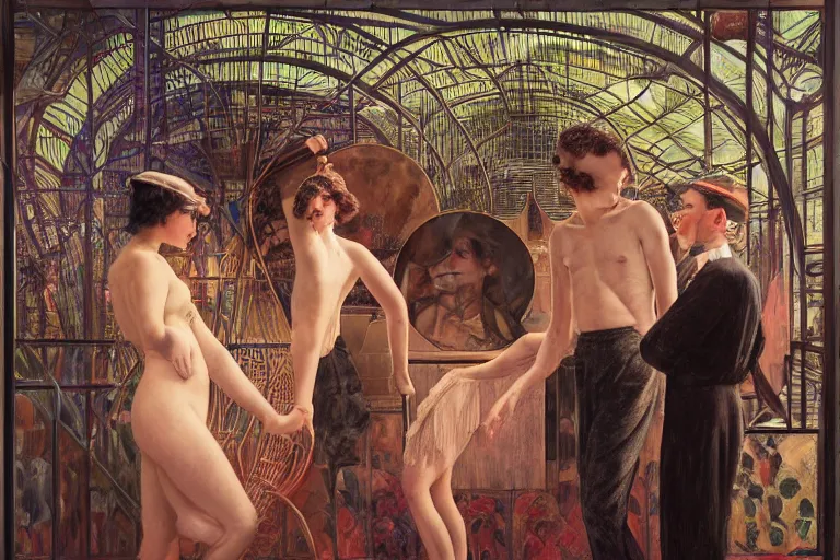 Image similar to detailed people in 1 9 2 0 s movie theatre, exterior greenhouse, portrait face, in the style of frantisek kupka, intricate, miles johnston, keita morimoto, kuroda seiki, cynical realism, ozabu, john william godward, painterly, yoshitaka amano, moebius, beautiful lighting