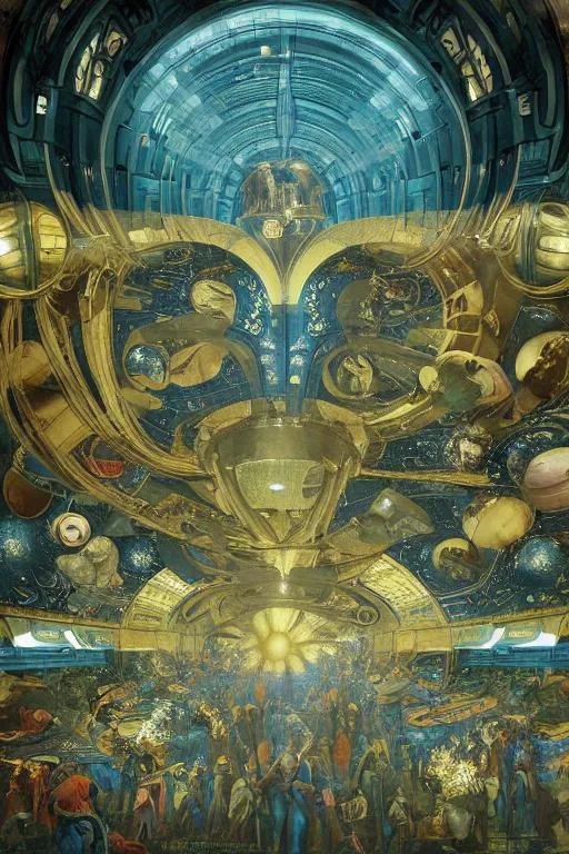 Image similar to renaissance painting of the interior of a science fiction art deco palace ballroom on Cybertron. dark-blue, light-blue, dark-green, gold, silver, black. kintsugi, fractal, moody, intricate detail, hyperrealism, cinematic, volumetric dust lighting, epic. by Roger Deakins, Moebius, Alphonse Mucha, Wiktor Ohman