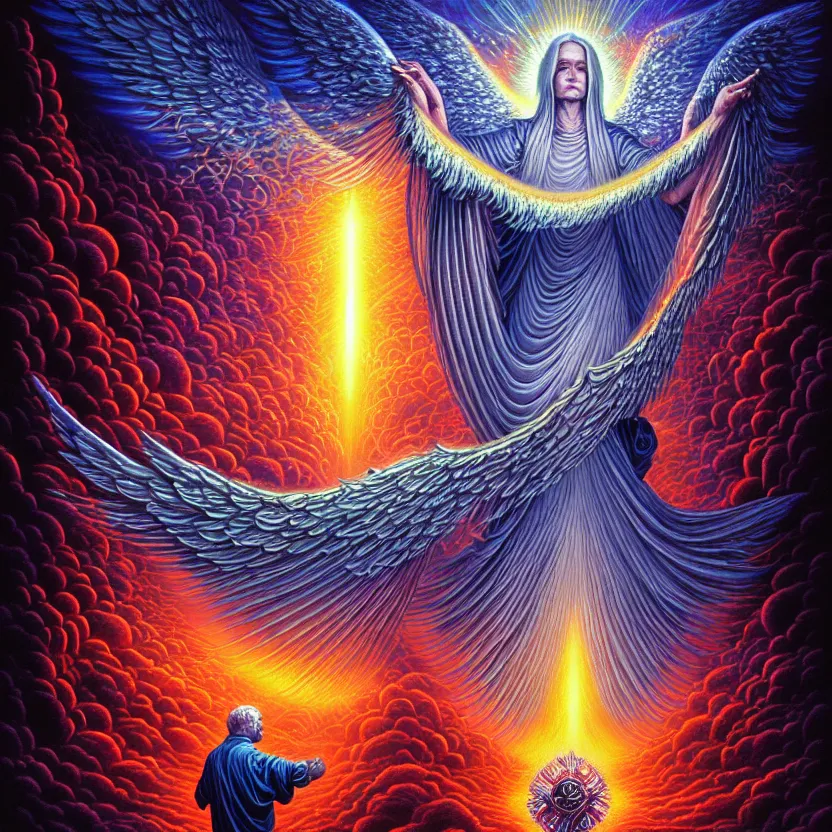 Prompt: a photorealistic detailed image of a departed soul entering the afterlife, guided by angels, spiritual evolution, science, divinity, utopian, triumphant, cinematic, epic, grandiose, moody, mathematics, futuristic, by jason felix, dan mumford, kinkade, lisa frank, wpa, public works mural, socialist