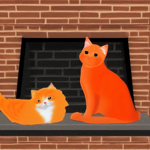 Image similar to an orange cat and a Pomeranian stuffed into a clear wine bottle on the mantle of a brick fireplace, digital illustration