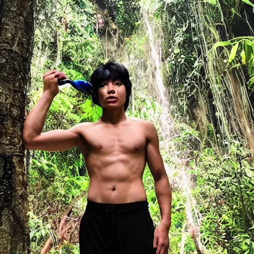 Prompt: jungle book mowgli who is a 2 0 year old korean with large muscles and with long unkempt and slightly curly hair, holding a torch in one hand and an iphone in the other hand, standing in the jungles of jeju island