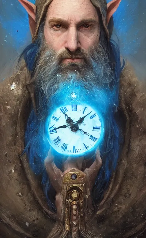 Image similar to portrait of a middle aged elf with a long beard, dressed in a blue cloak with clock iconography, brown hair, raised hand, detailed face, fantasy, highly detailed, cinematic lighting, digital art painting by greg rutkowski