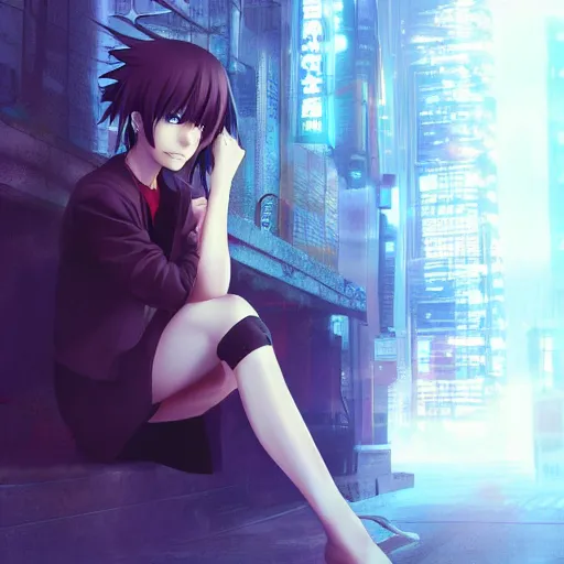 Prompt: advanced anime digital art, cyberpunk girl sitting in a box , visual key, Makoto Shikai